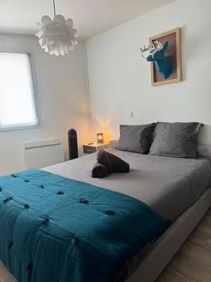 Un ou plusieurs lits dans un hébergement de l'établissement Appartement cosy face à la basilique Saint Remi