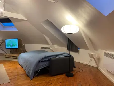 Télévision ou salle de divertissement dans l'établissement Loft au calme, idéal pour famille, proche de Reims