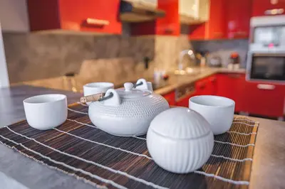 Cuisine ou kitchenette dans l'établissement Joli appartement Le Chalet + parking