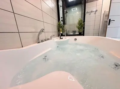 Salle de bains dans l'établissement E Servagnat T3 luxe avec Sauna Jacuzzi et Hammam