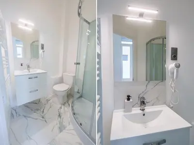 Salle de bains dans l'établissement Le petit joyau de Voltaire