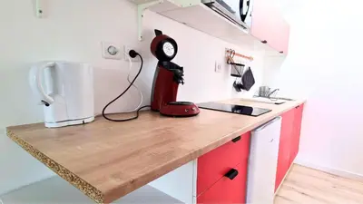 Cuisine ou kitchenette dans l'établissement Le petit Château Avesnois - Studio avec terrasse vue sur le jardin