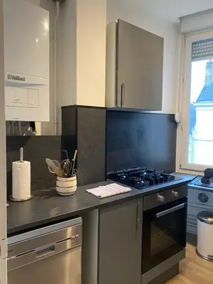 Cuisine ou kitchenette dans l'établissement Central avec 2 grandes chambres doubles bien séparées