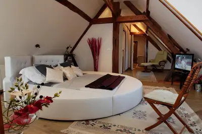 Télévision ou salle de divertissement dans l'établissement Chambres d'hôtes de la Ferme historique Jean de la Fontaine
