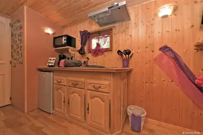Cuisine ou kitchenette dans l'établissement Roulotte La Verdine