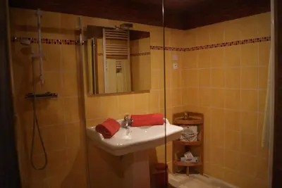 Salle de bains dans l'établissement Maison d'Hôtes Ferme d'Issonges B&B
