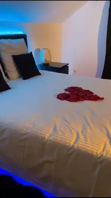 Un ou plusieurs lits dans un hébergement de l'établissement Agréable maisonnette de ville avec jacuzzi