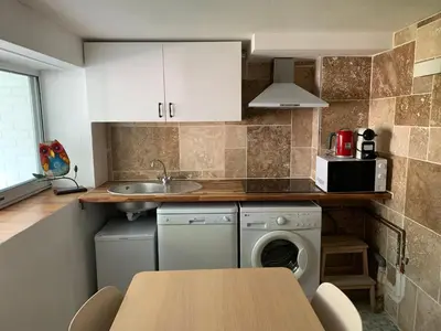 Cuisine ou kitchenette dans l'établissement Île aux Palmiers Appartement familial proche Disneyland