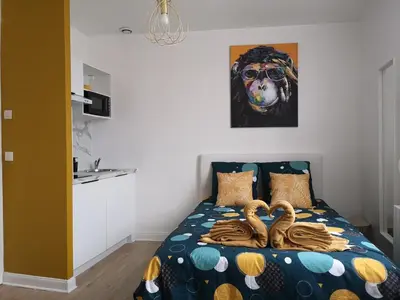 Un ou plusieurs lits dans un hébergement de l'établissement STUDIO COSY- CHALEUREUX- QUARTIER CALME- Wifi