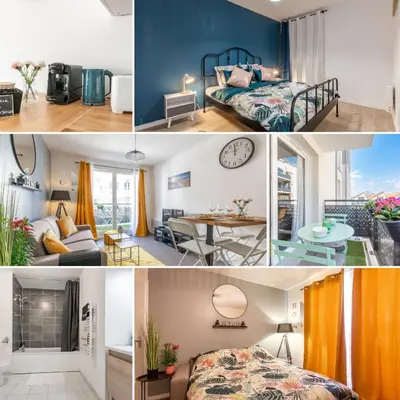 Coin salon dans l'établissement The Sunshine- Appart cosy proche Paris-Disney avec Parking privé dans résidence
